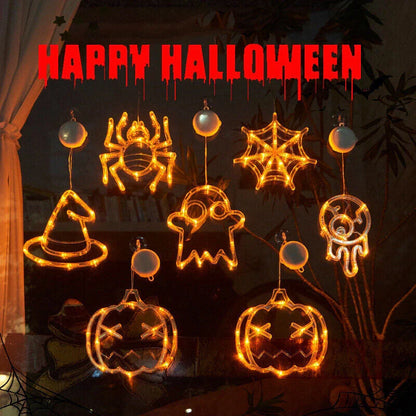 Halloween Window Hanging LED Lights with spooky designs of spiders, pumpkins, and ghosts