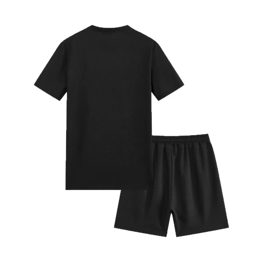Men's waffle texture polyester summer set showing short sleeve blouse and matching shorts