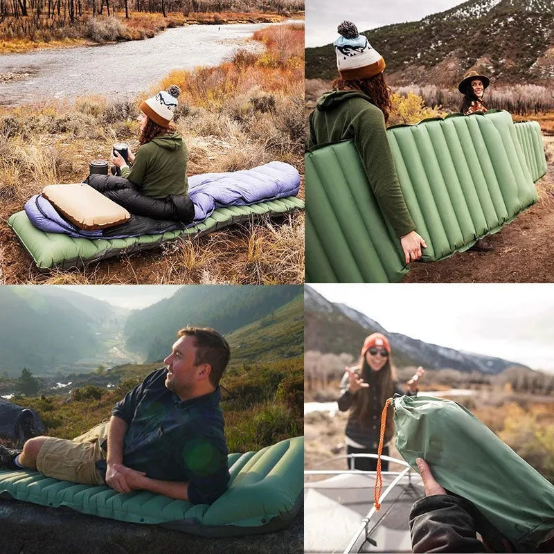 Single inflatable camping mattress in grey colours showing 195cm length and 70cm width dimensions