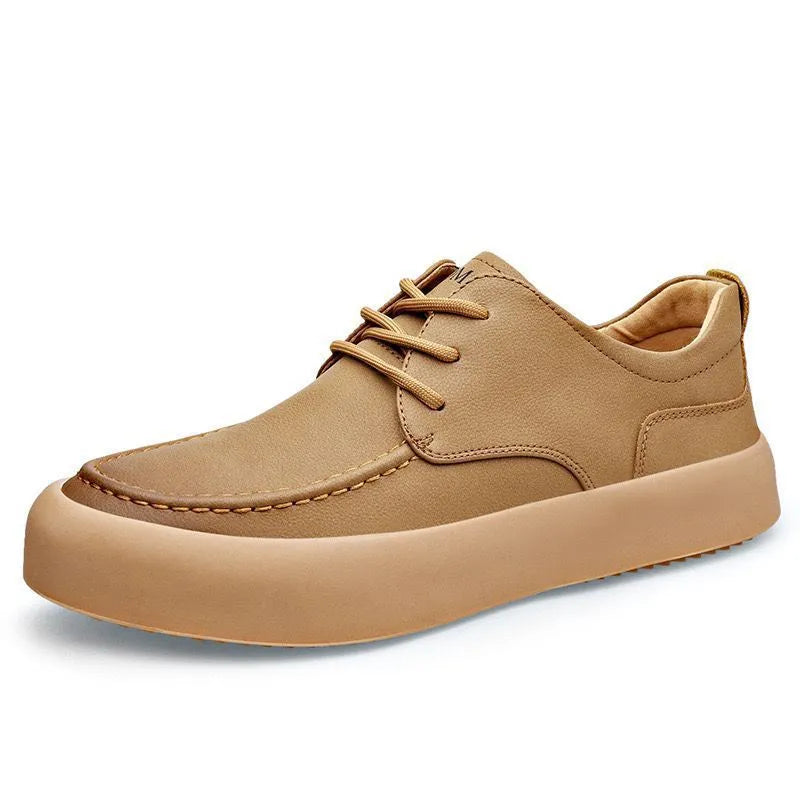 Men's brown casual lace-up shoes with a round toe and flat EVA sole on a white background.
