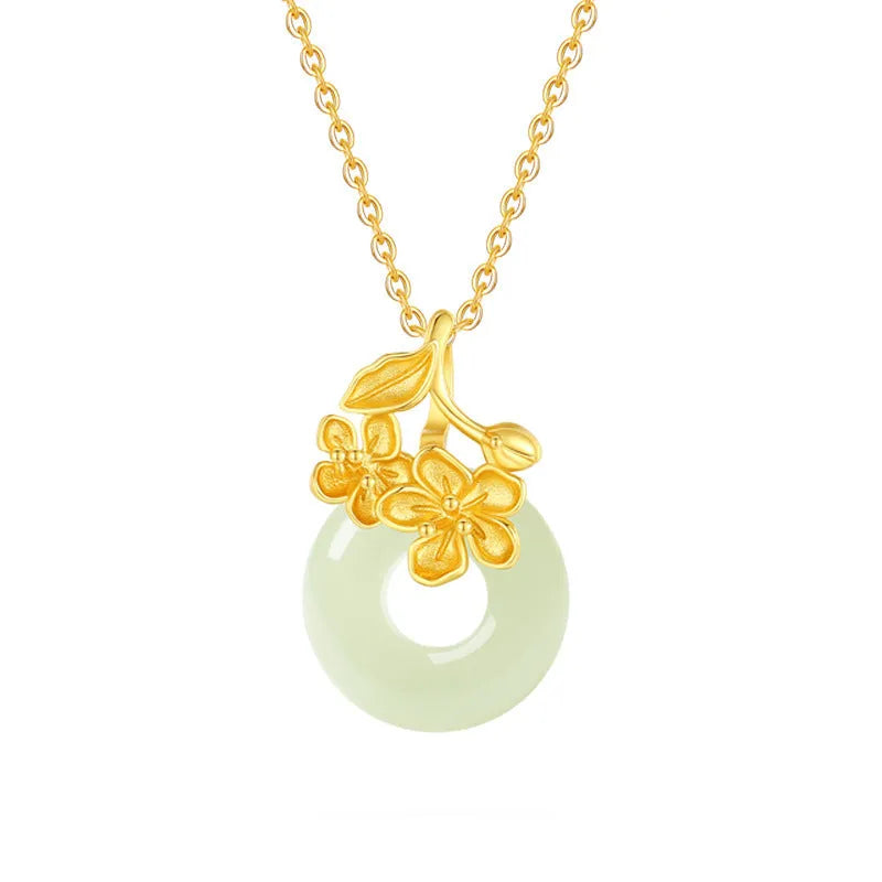 Silver necklace with Hetian jade safety buckle pendant on cross chain, adjustable 41-50cm