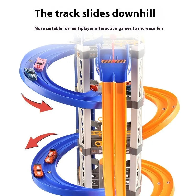 Two-lane competition 5-storey 8-car parking lot toy in plastic with electric manual dual mode, English version T705