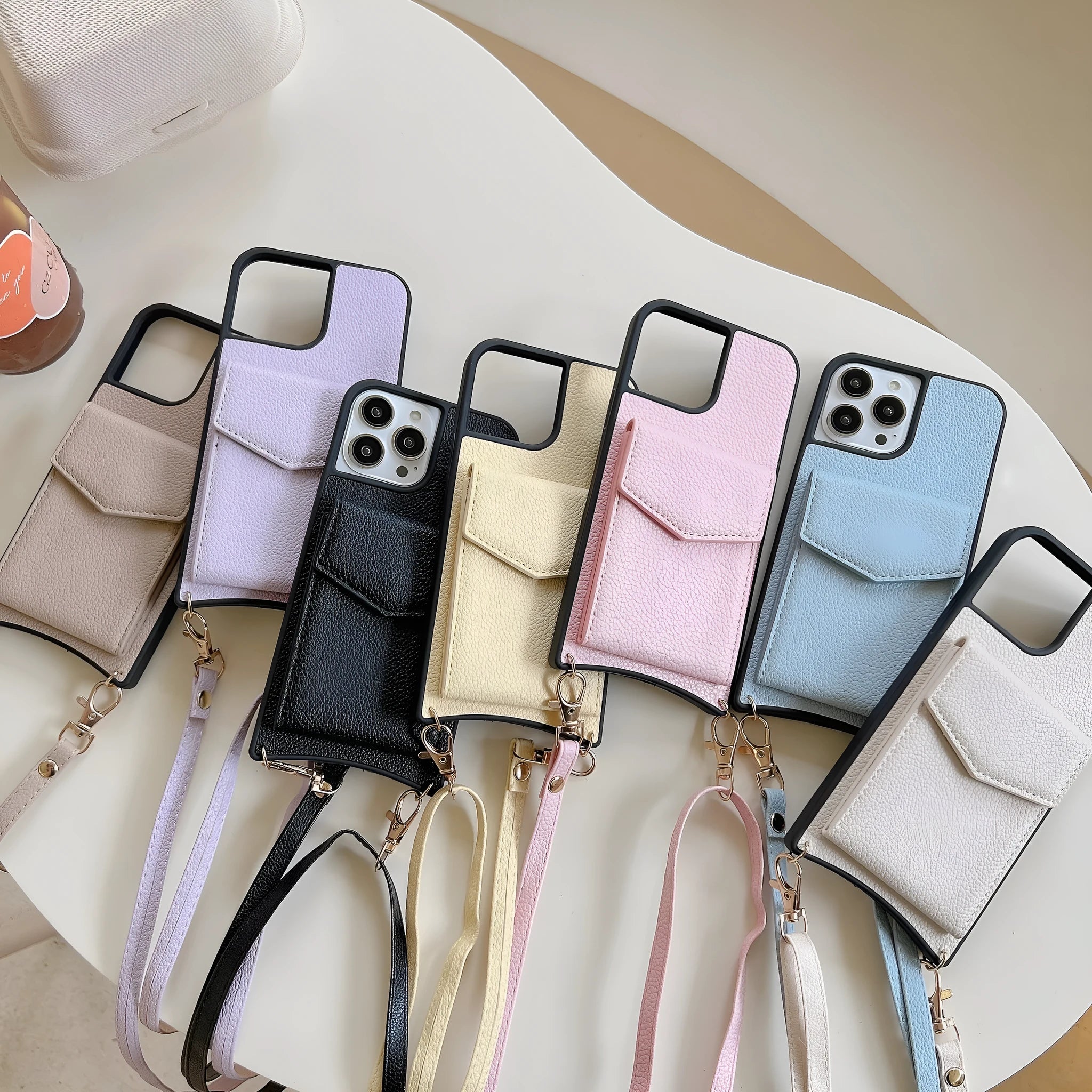 TPU leather iPhone mobile phone case with an inclined straddle and plug-in fishtail design in solid colour.