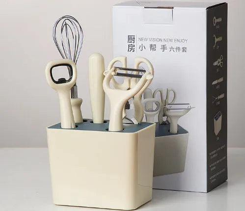 Six-piece white stainless steel kitchen gadget set arranged on a neutral background