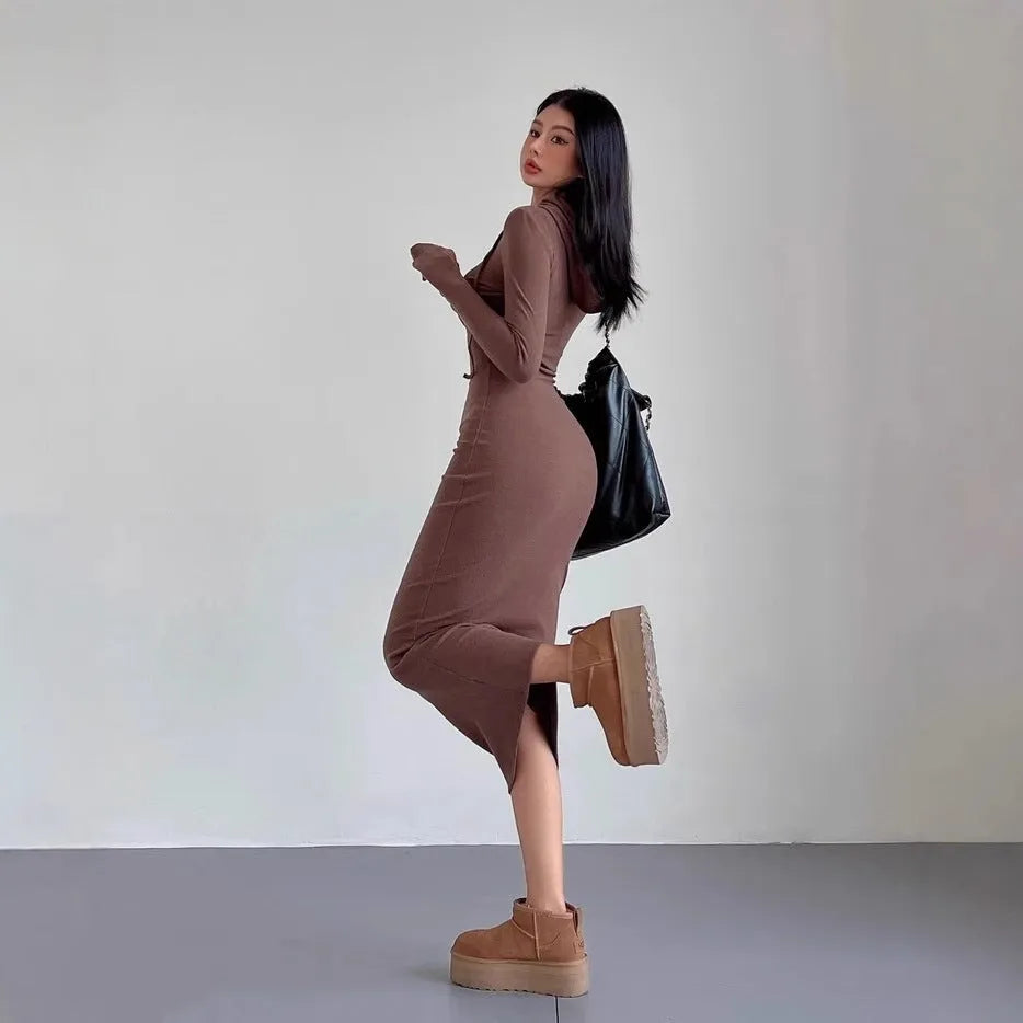 Women's grey sheath dress with hooded long sleeve underlayer and high waist design