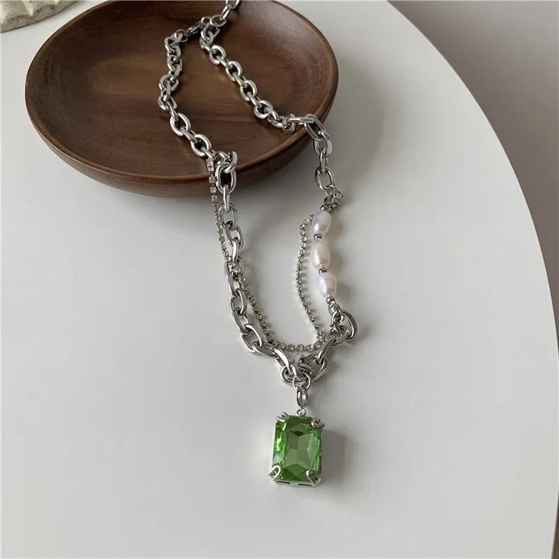Green square brick stainless steel necklace with artificial crystal geometric pendant and adjustable chain