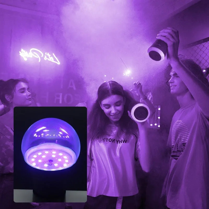 A19 purple LED light bulb 12W UV violet fluorescence with screw base on white background