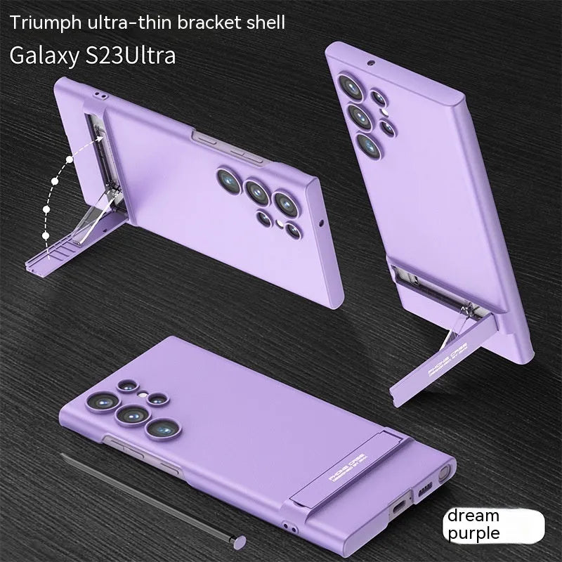 Ultra-thin frosted PC Samsung S23 phone case with fold-out bracket in Cool Black