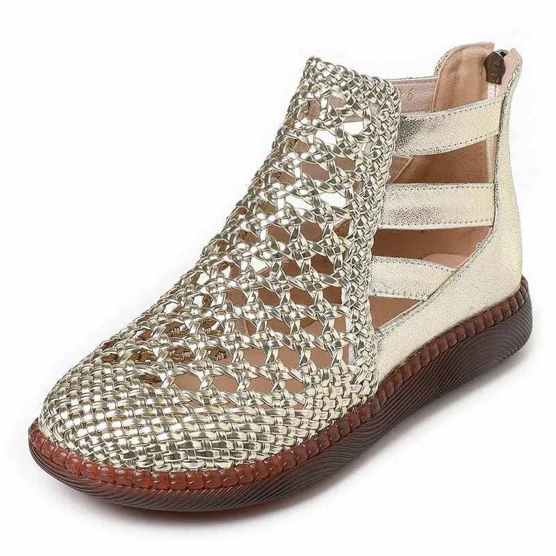 Gold women's sandals with hollow-out design and flat soft soles