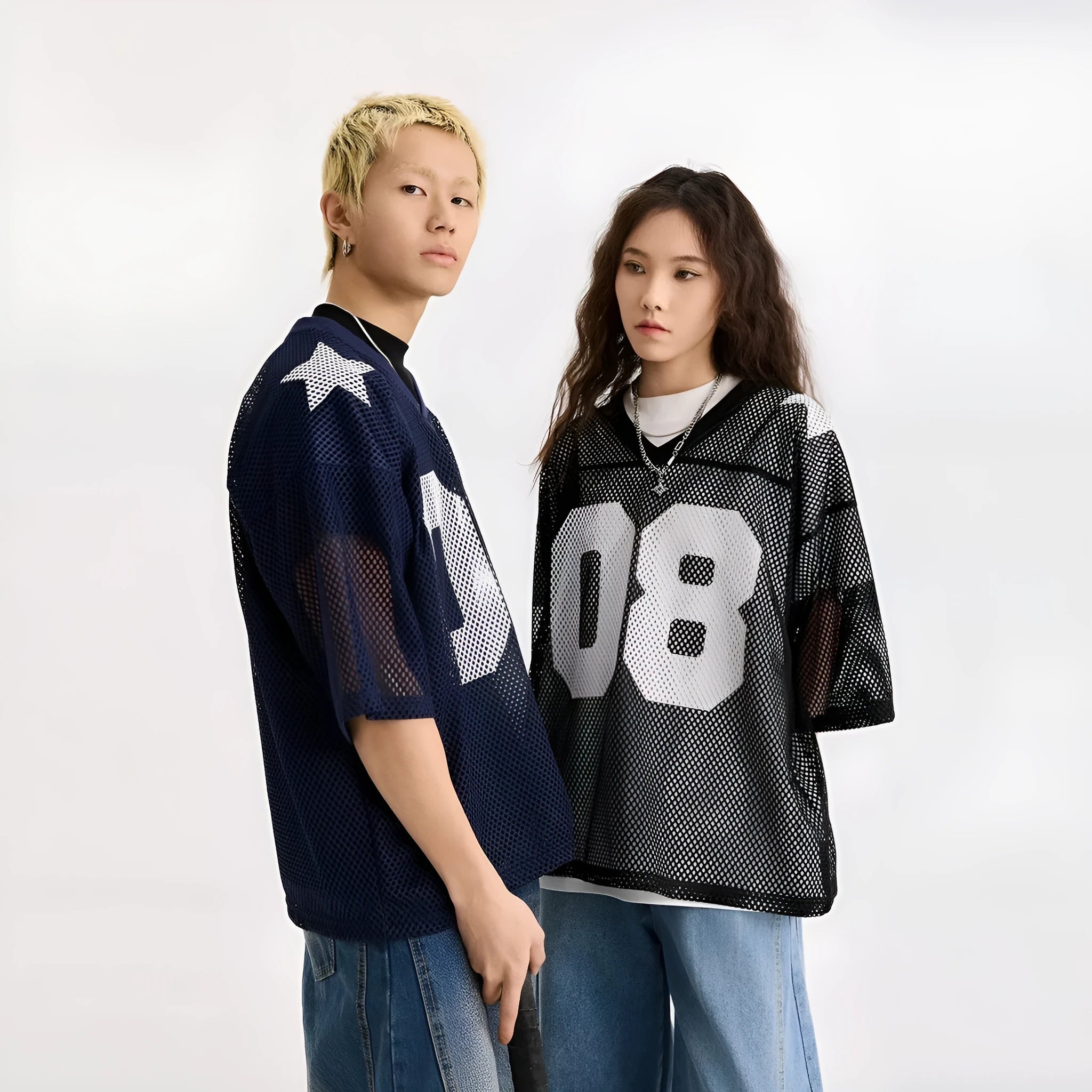 Black and navy blue half sleeve pullover shirt with loose fit and letter pattern design