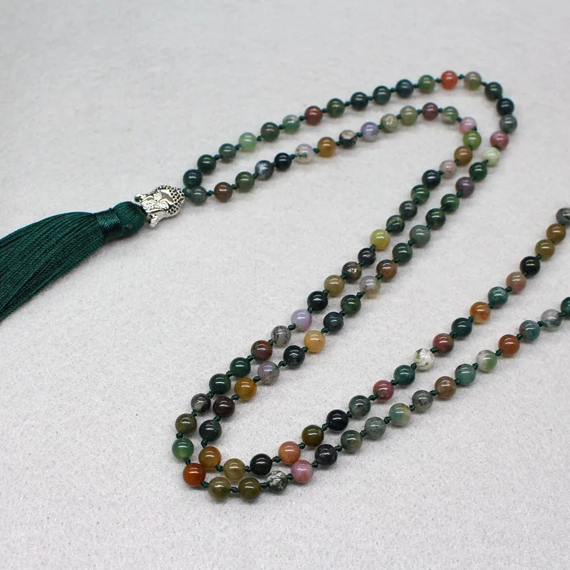 Indian agate bracelet with 108 geometrically shaped 6mm beads on wrist