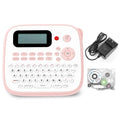 Mini portable label printer in pink or yellow with JM-231 black on white label tape, AC adapter, and replacement cutter holder