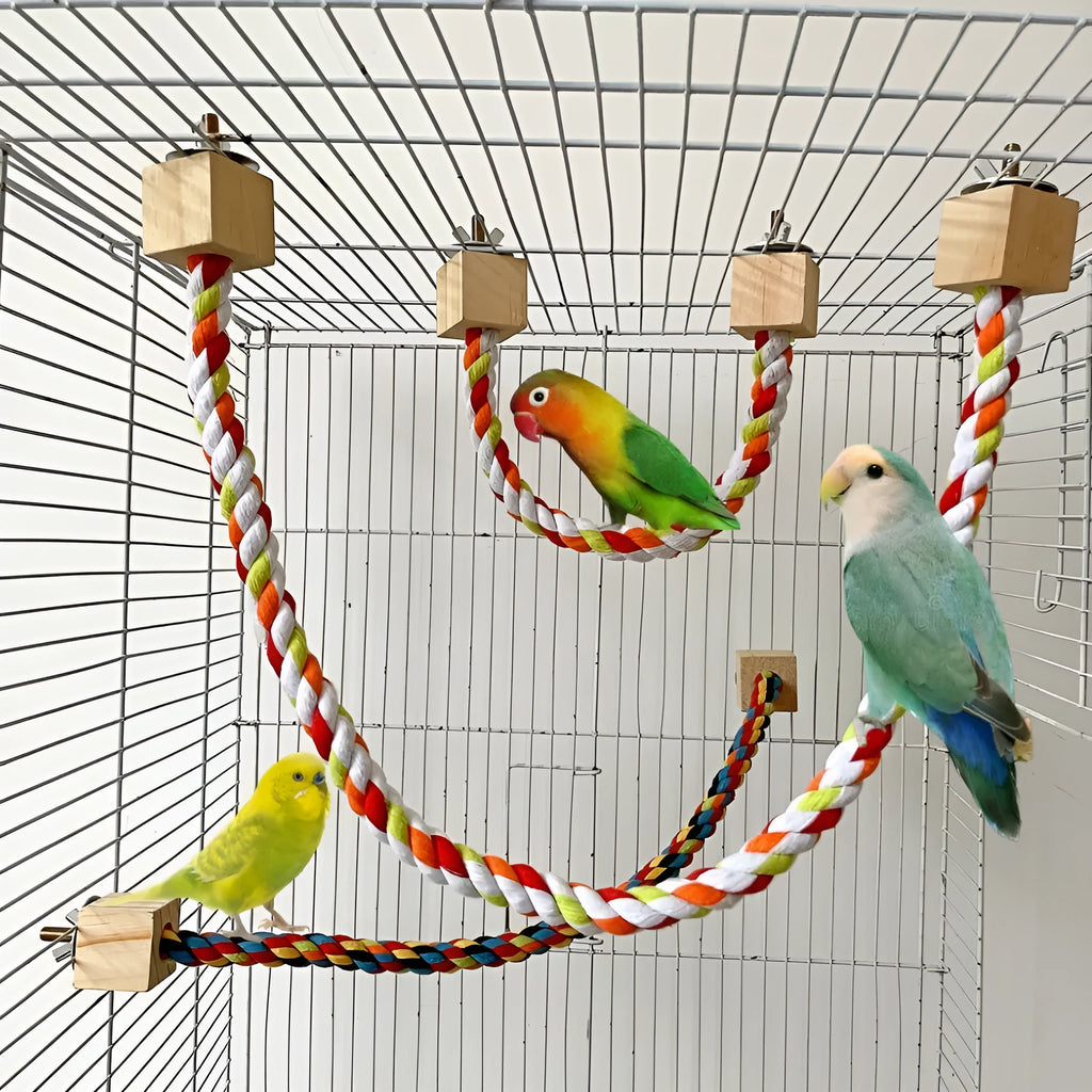 Parrot climbing rope toy with wooden swing rings on natural wood rope, 30-60cm length options