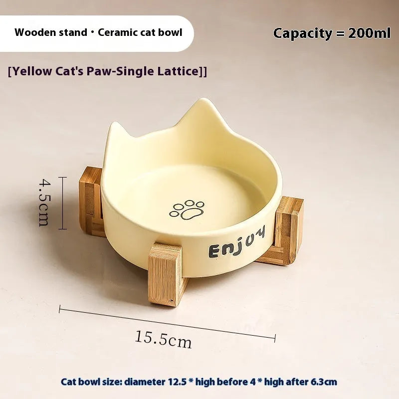 Porcelain cat bowl with cat ears rim and wooden anti-tumble frame in selected colour