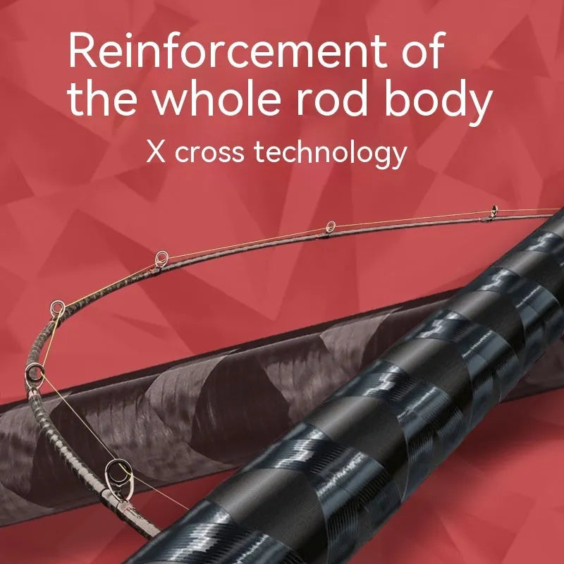 Carbon fishing rod with ultralight cross carbon cloth construction shown in straight handle and pikestaff-style options