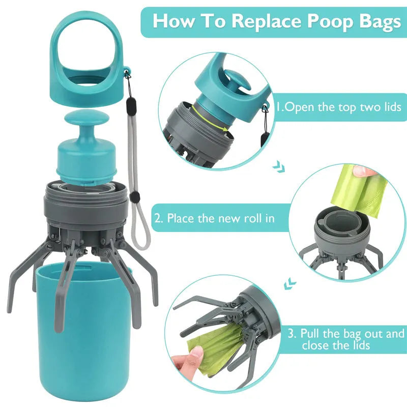 Blue portable dog pooper scooper with built-in bag dispenser and eight-claw shovel