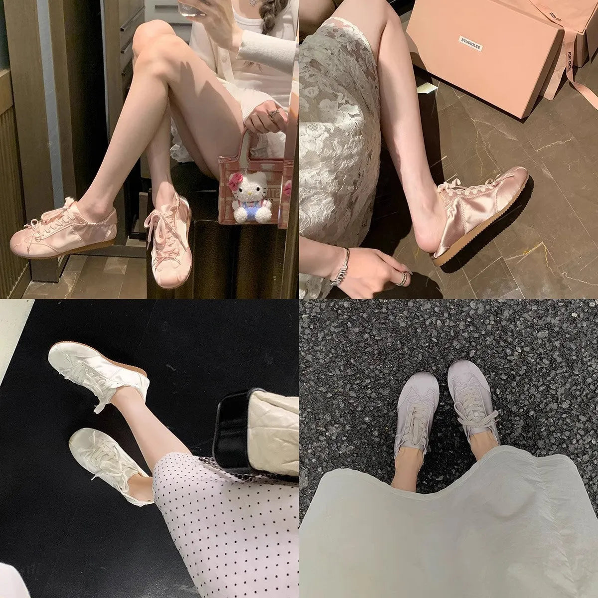 Women's silver satin ballet flats with round toe and white front lace-up on a rubber sole.