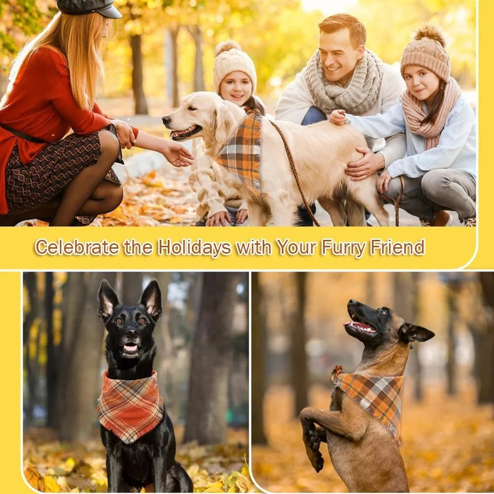 Classic plaid dog bandana with tassels edges in autumn colours