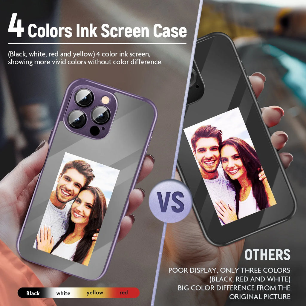 Black iPhone 15 Pro flip case with NFC ink screen for custom DIY designs
