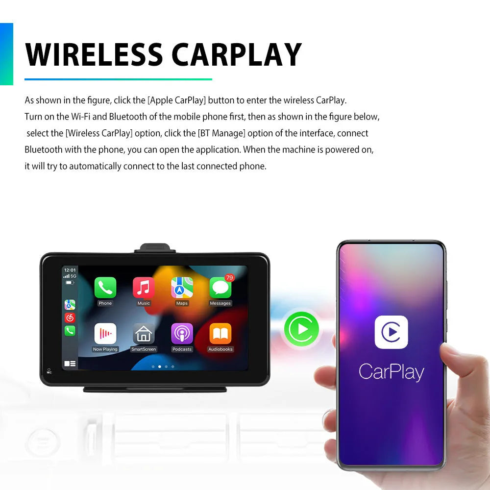 7-inch HD wired screen media player with universal mounting supports on a car dashboard.