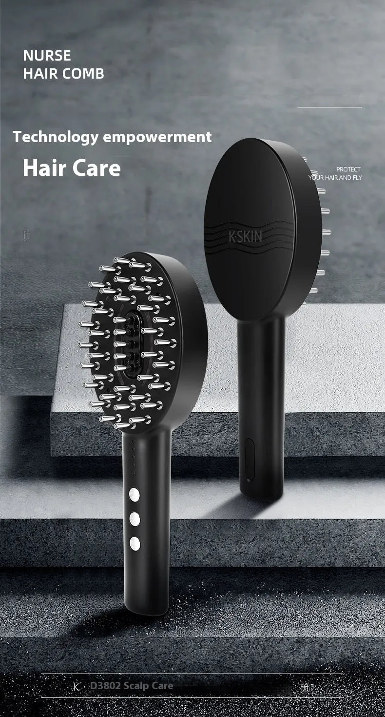 Black handheld scalp massage device with vibration head and USB charging cable
