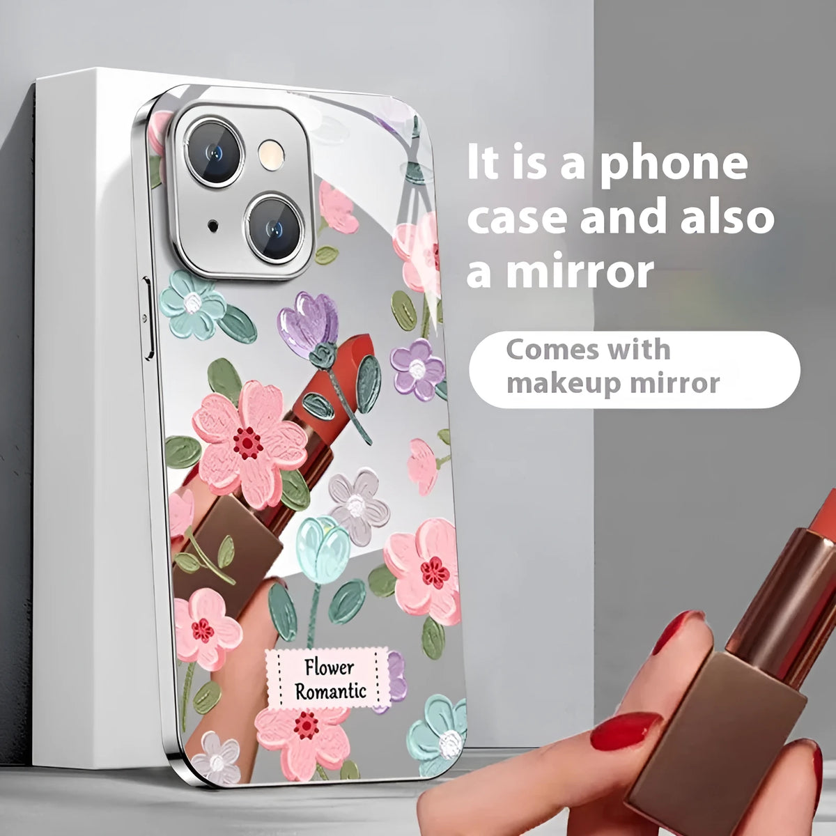 Ins oil painting flower mirror phone case for iPhone, silver grey electroplated glass anti-fall cover