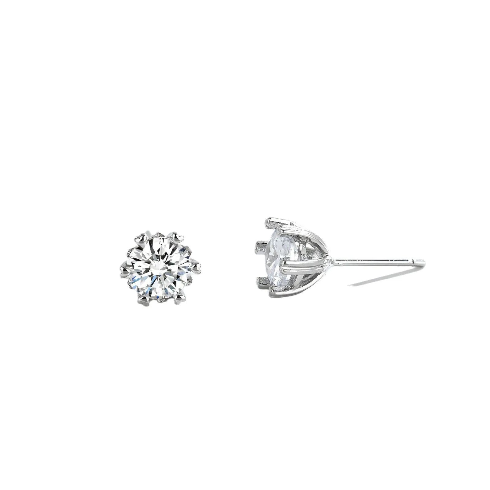 Silver brass zircon stud earrings heart shape hexagonal star design classic six-claw setting on white background