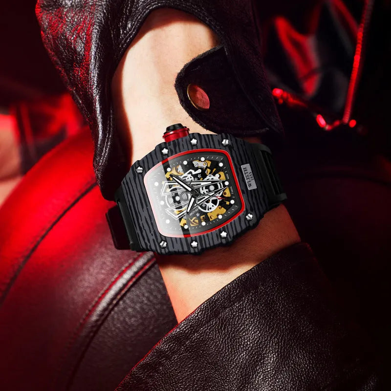 Men's automatic mechanical sports watch with luminous pointer display, 44mm dial, black or red case and black strap