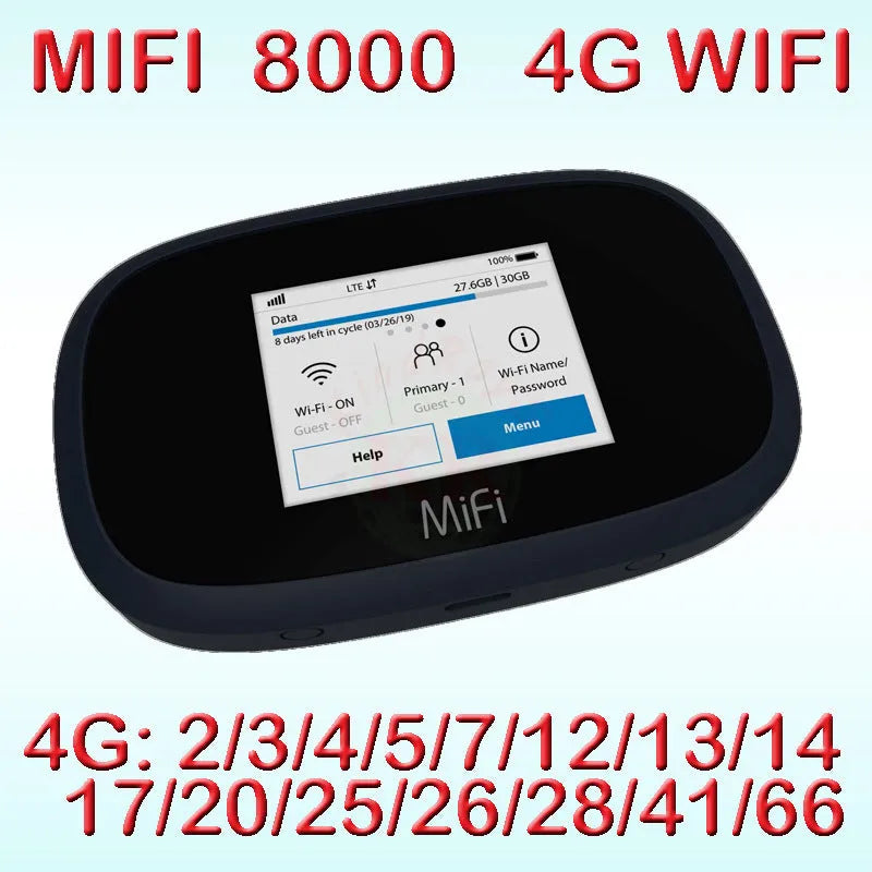 Black 4G portable wireless router with compact rectangular design for mobile internet access.