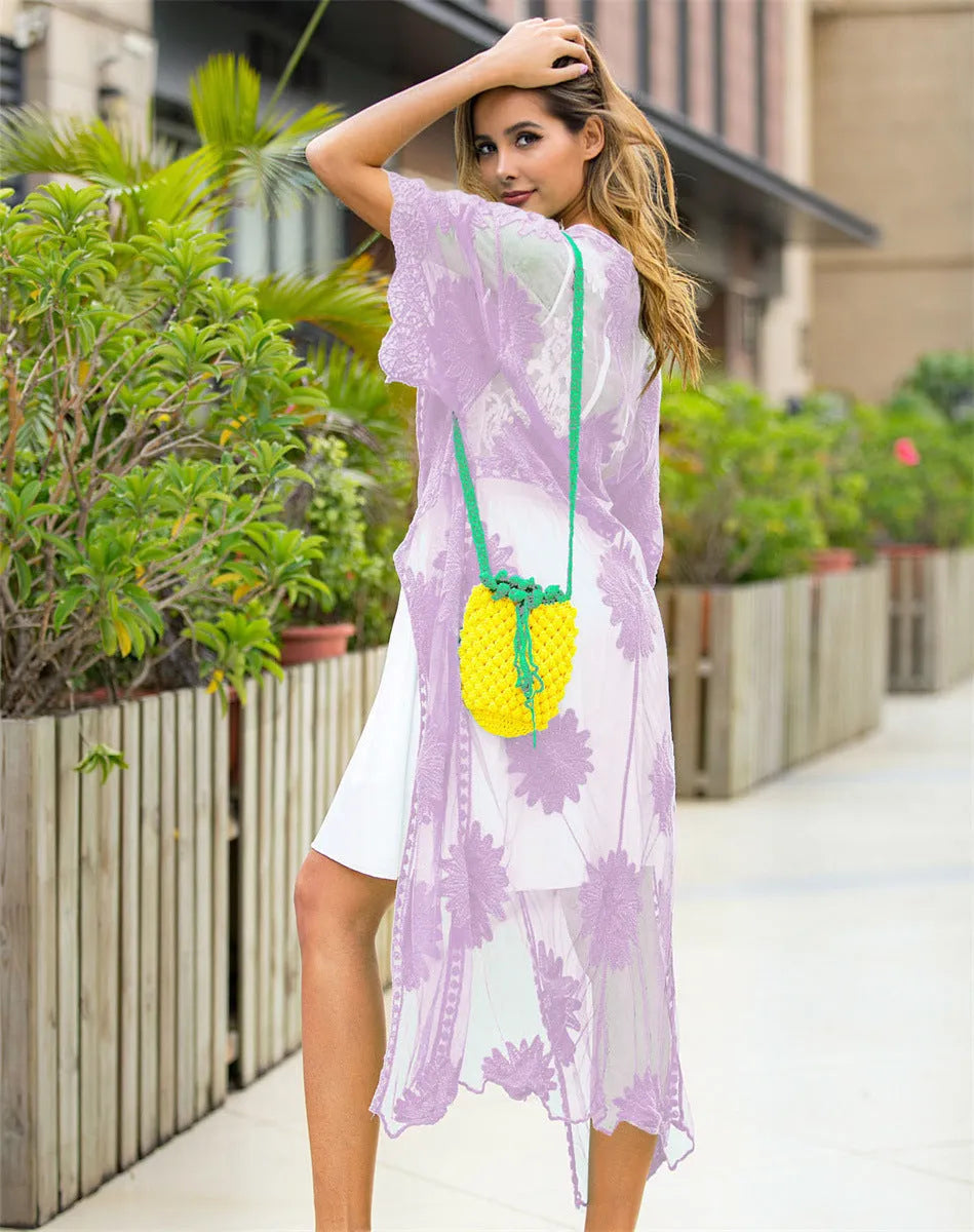 Light purple lace embroidery beach cover-up dress with a polyester and cotton blend construction.