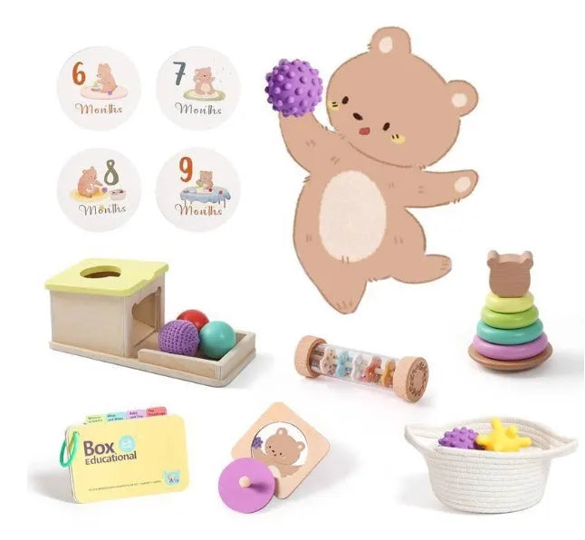 Wooden Montessori rattle set with black and white cards and ball chime in a colour box, ABS baby gift for 0-18 months