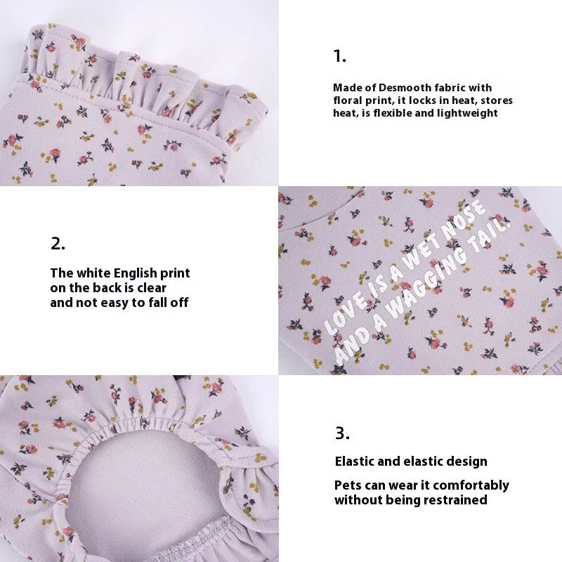 Light purple floral undershirt for a small Bichon Frise dog worn as a skirt.