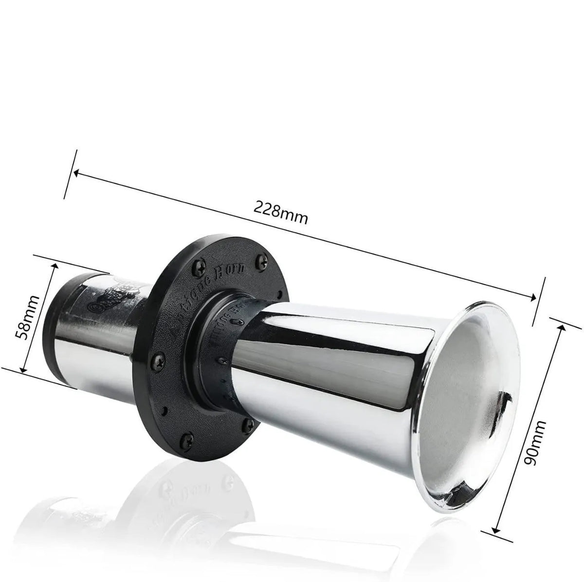 Black automotive horn with silver finish for 12V vehicle installation