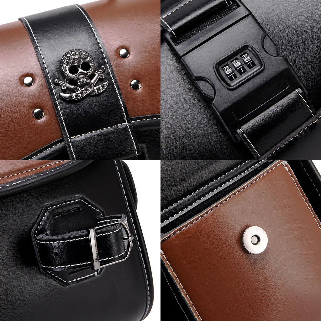 PU leather motorcycle front bag with colour contrast patchwork design, model FBG397BK