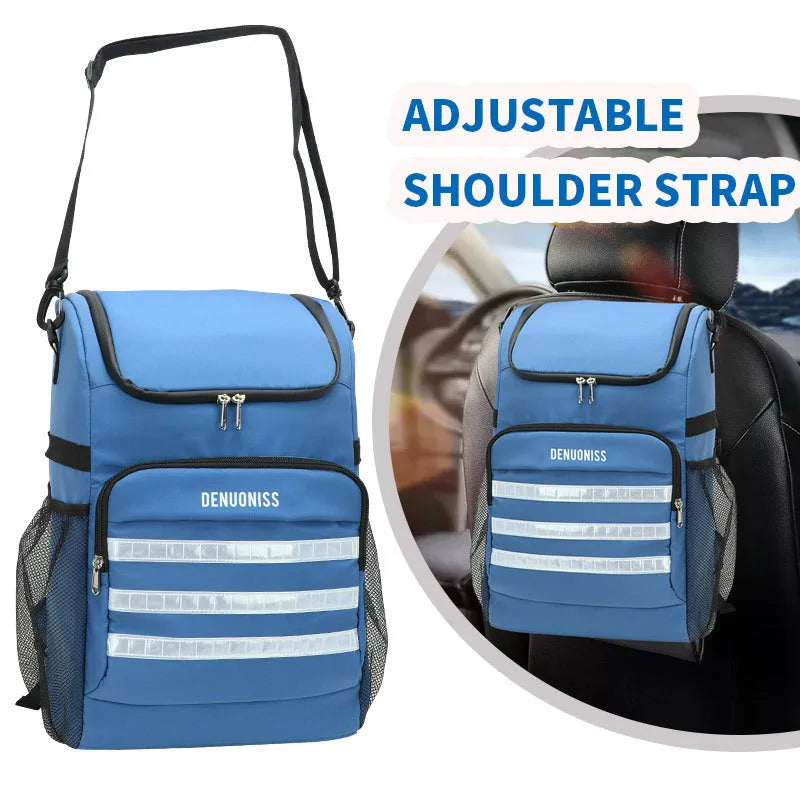 Black cloth backpack with built-in bottle opener showing 20-litre capacity and waterproof insulation