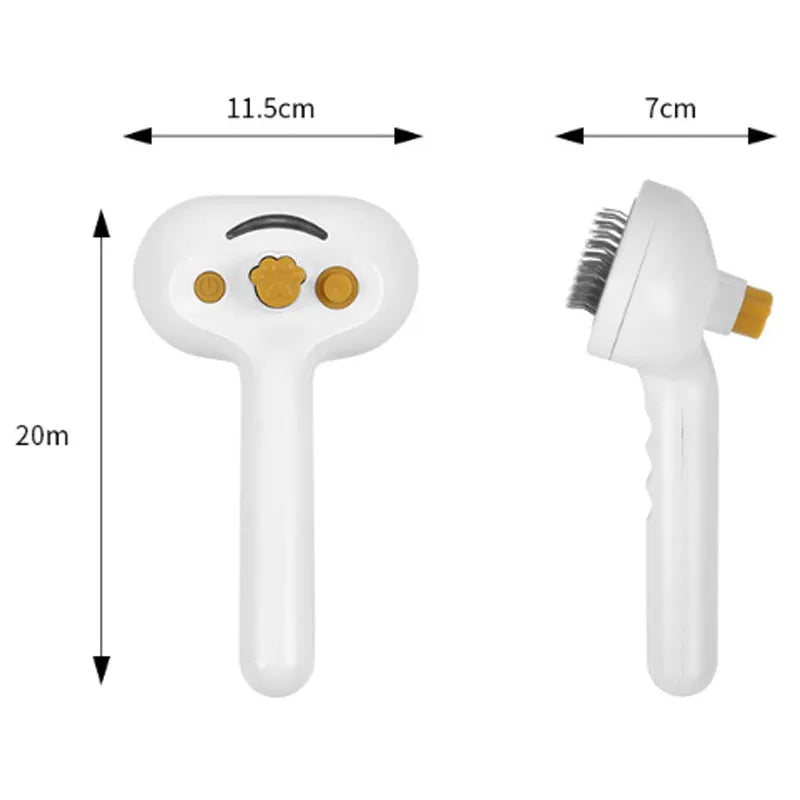 White pet grooming water brush with steam spray function for dogs and cats showing self-cleaning mechanism