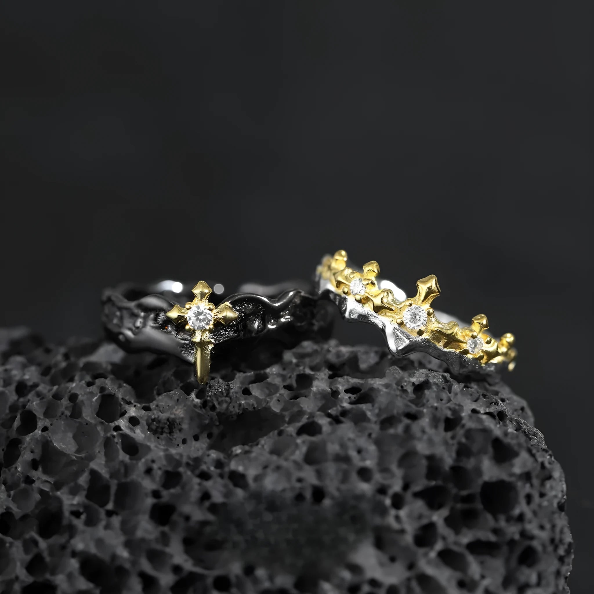 Princess Knight adjustable silver couple ring with electroplated white gold or black gold finish