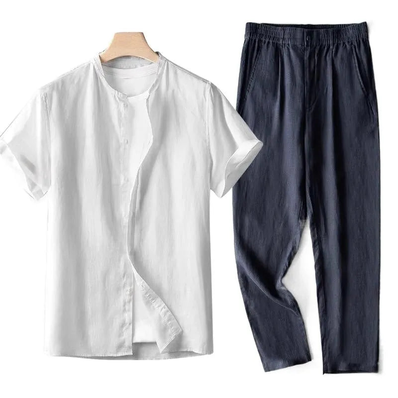 Men's retro two-piece Tang suit set with long sleeve top and trousers in linen colour, casual leisure style