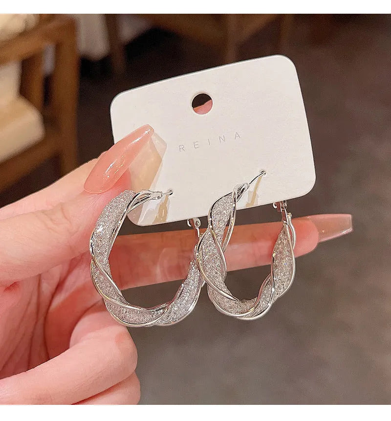 Mixed material mesh crystal and silver geometric ring shape earrings for women electroplated finish