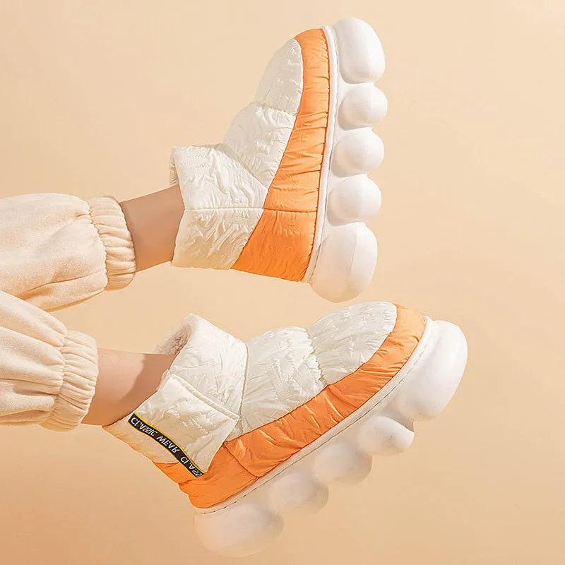 Unisex winter ankle shoes with down cloth upper and EVA sole, flat heel, round toe, in sizes 36-45