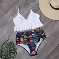 Women's green fashion printed ruffle swimsuit with floral pattern, nylon fabric, includes bra and pants