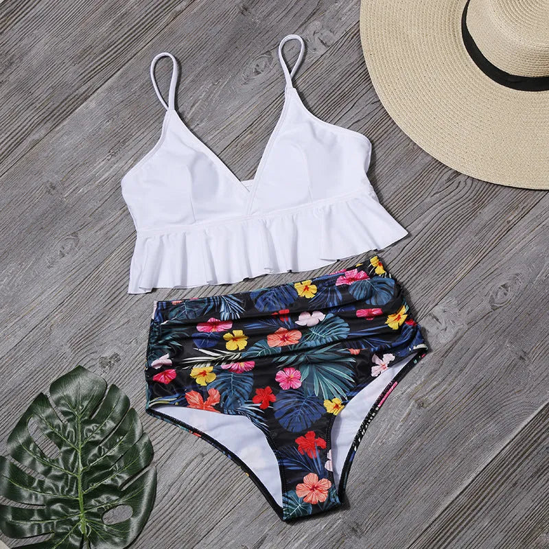 Women's green fashion printed ruffle swimsuit with floral pattern, nylon fabric, includes bra and pants