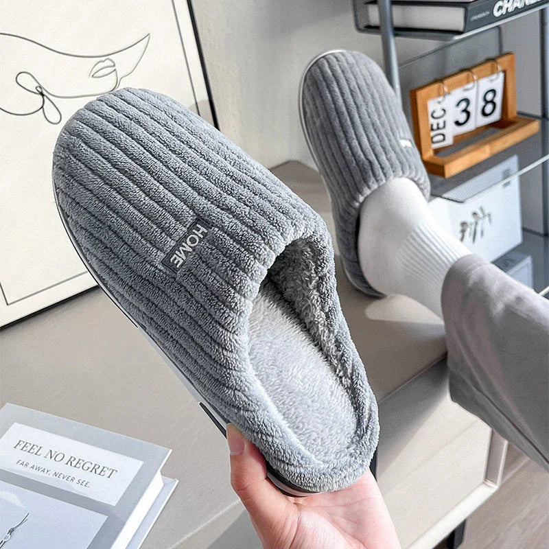 Cozy cotton slippers with plush upper, non-slip sole, and warm insole for comfortable indoor wear