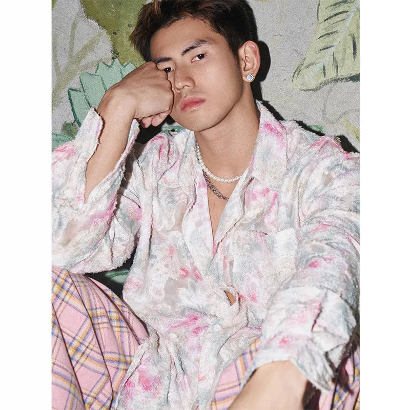 Pink floral long sleeve shirt with three-dimensional embossing pattern and loose fit design