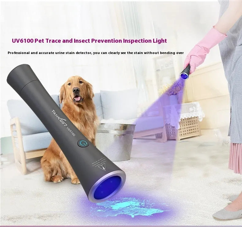 Black aluminium UV flashlight for pet urine and insect detection with USB Type-C charging port