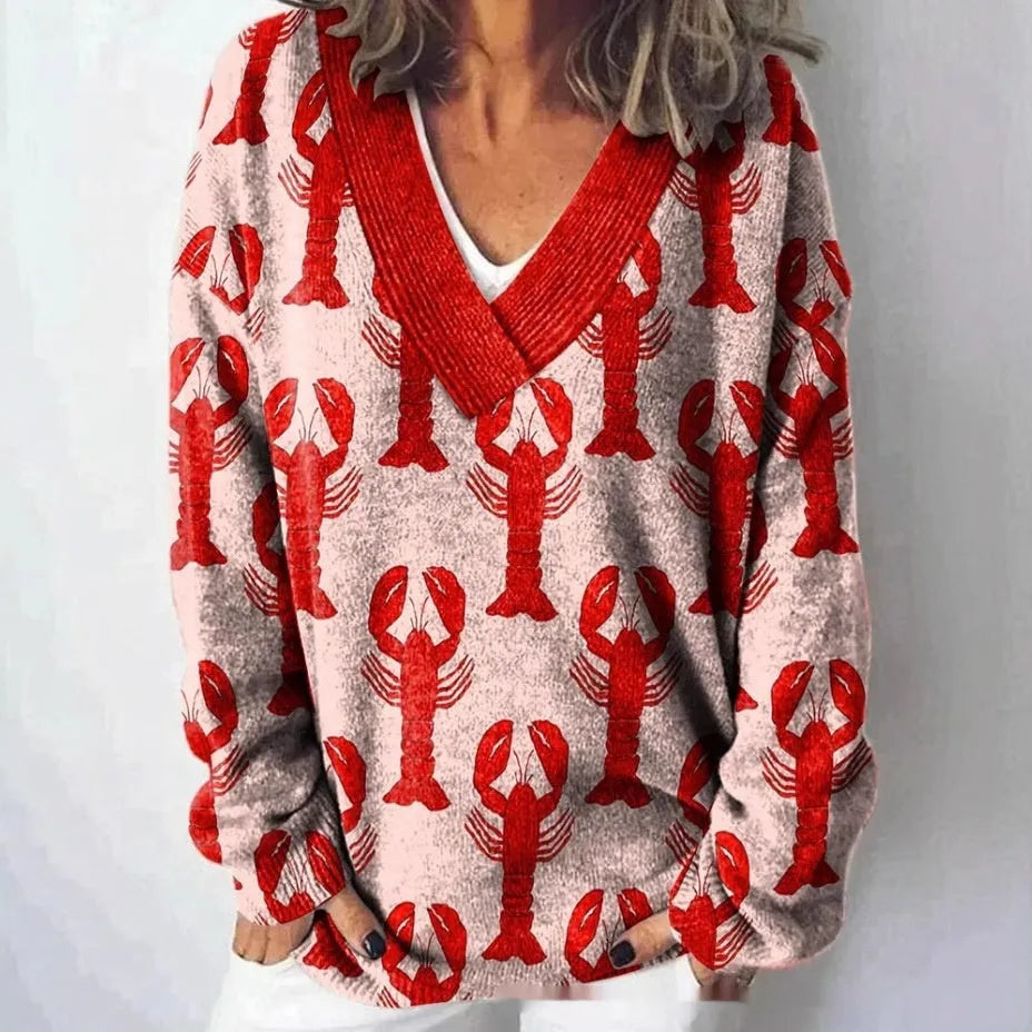 Women's V-neck sweatshirt with a printed 3D floral pattern in an art retro style.