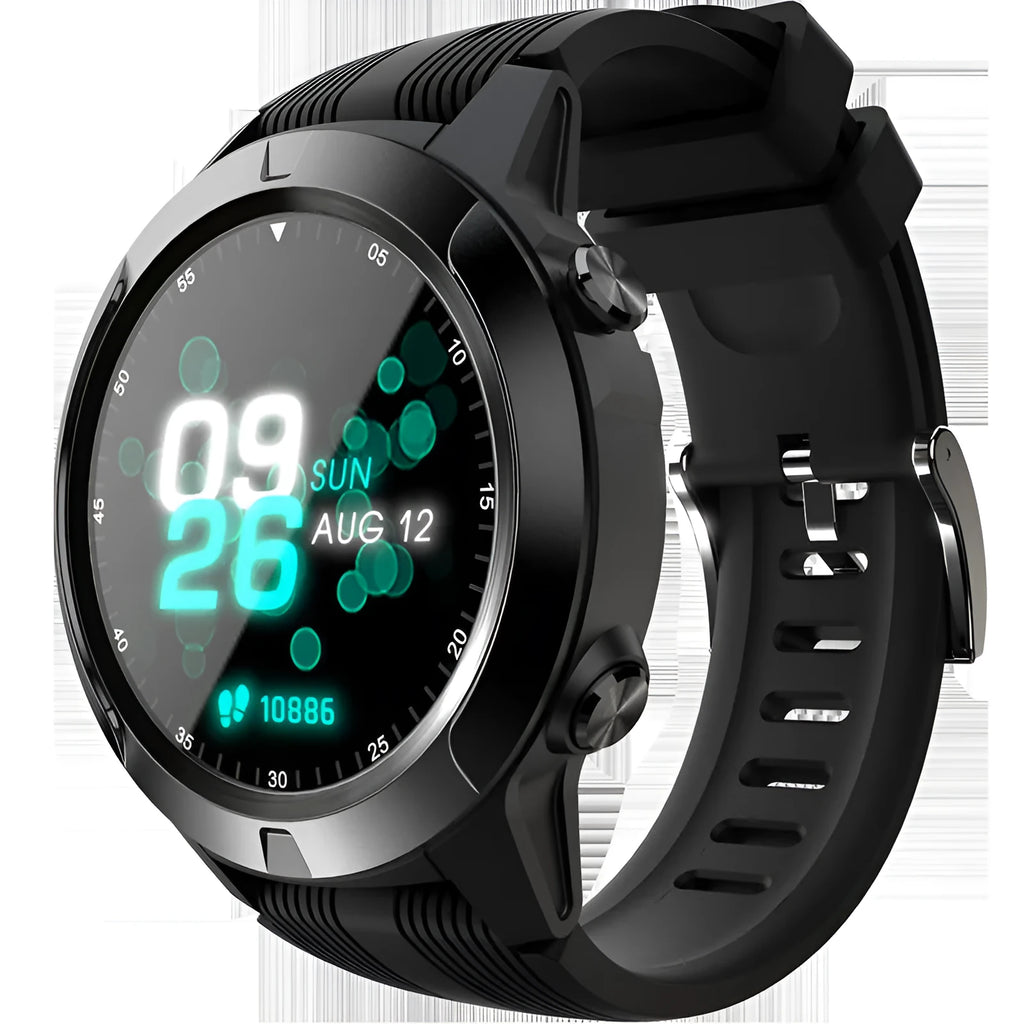 Black men's smart watch with 1.3-inch screen showing heart rate and exercise tracking display
