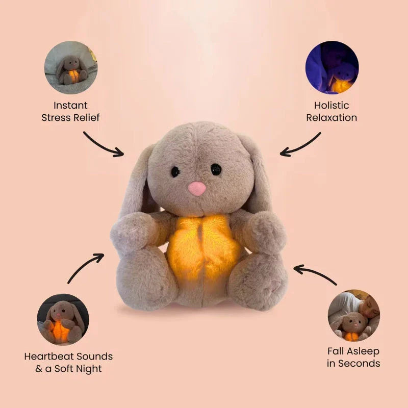 A soft, plush bunny toy with a rhythmic breathing motion and calming lights designed to soothe and comfort newborns and infants.