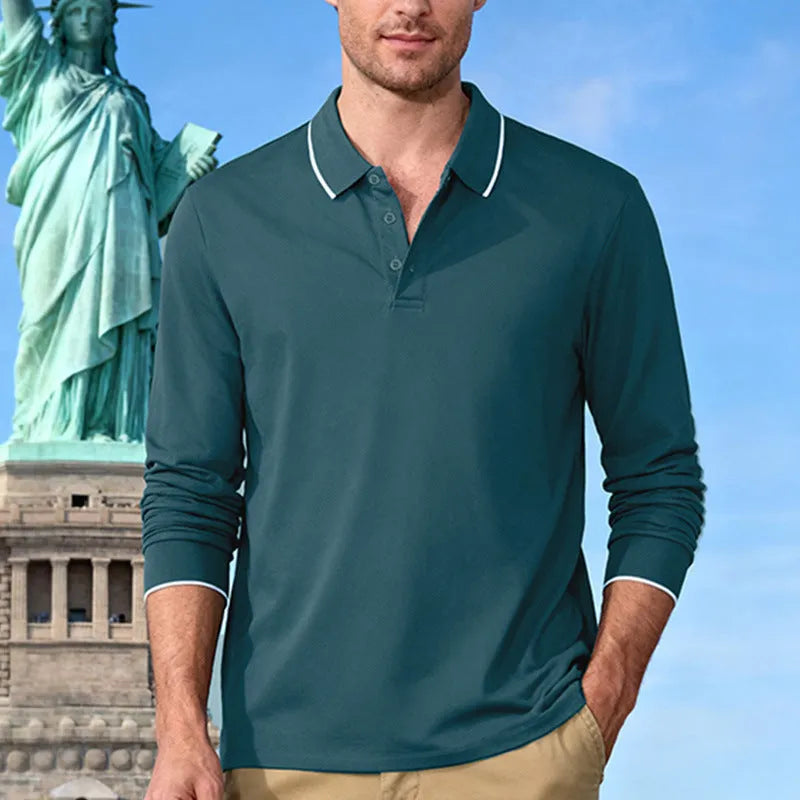 Men's long sleeve jacquard polo shirt, loose fit, solid colour, quick-dry polyester