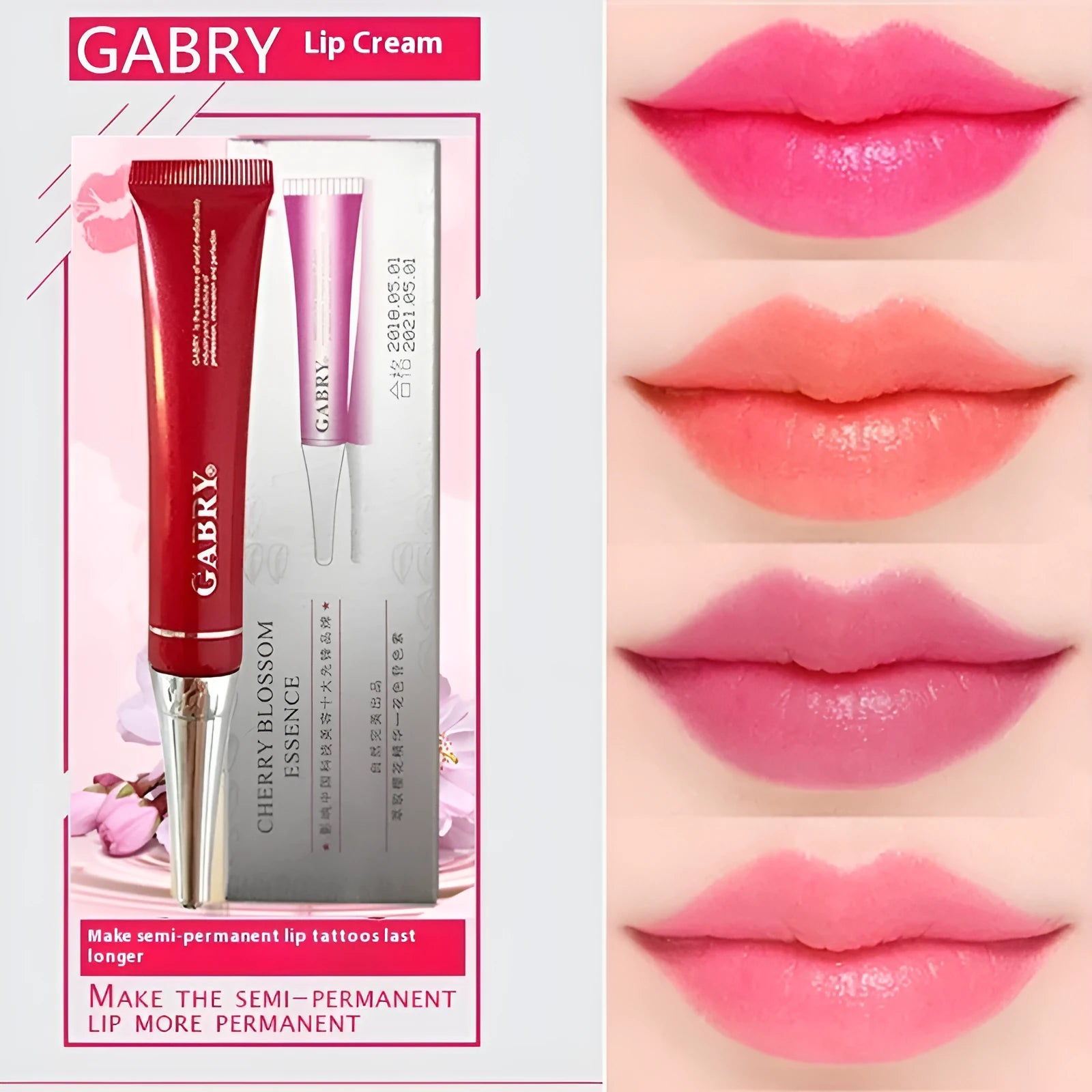 Vermilion lip gloss tube showing five colour shades: pink, orange red, bright rose red, rose red, seashell.